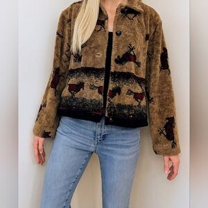 Vintage 90's Equestrian Collared Button Down Fleece Jacket In Tan/Black/Burgundy